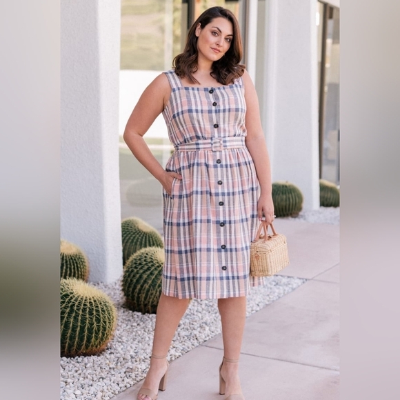 Gal Meets Glam Women's 10 Sleeveless Plaid Midi Dress Belted Button Up Pink Blue - Picture 1 of 13